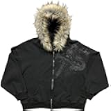 RICHTRUE Therian Fur Hood Jacket Y2k Goth Zip Up Hoodie Oversized Graphic Sweatshirt Emo Grunge Streetwear Fall Winter 2025