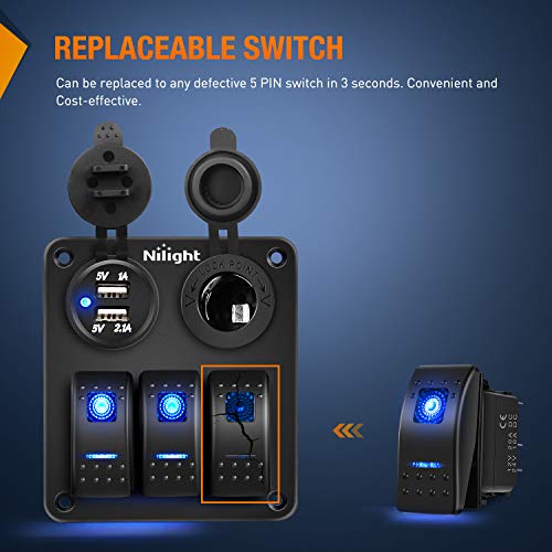 Nilight 6PCS 5PIN SPST Rocker Switches with 6 Sets Jumper Wires Set 20A/12V 10A/24V On/Off Toggle Switches with Night Glow Sticker for Trucks Boats Auto Motorcycles,2 Years Warranty (90131F) , Blue