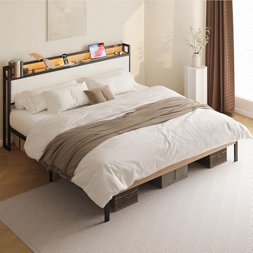 Image of LIKIMIO King Size Bed Frame with Headboard, LED Lights and Charging Station