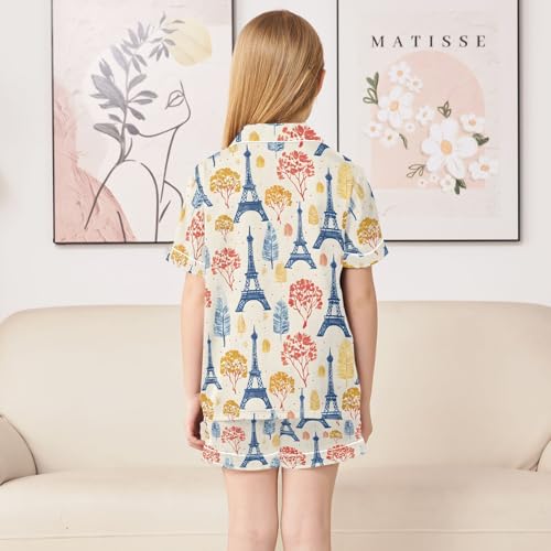 ALAZA Eiffel Tower Blossom Floral Tree Satin Pajamas Set Short Sleeve Button Down Sleepwear Summer Pjs 2 Piece4