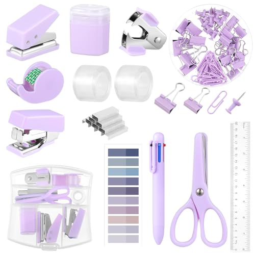 Mini Office Supplies, Purple School Supplies with Sticky Notes,Mini Stapler,Tape Dispenser,Hole Punch,Staple Remover,Staples,Clips,Scissor,Pen (Purple)
