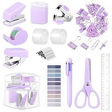 Mini Office Supplies, Purple School Supplies with Sticky Notes,Mini Stapler,Tape Dispenser,Hole Punch,Staple Remover,Staples,Clips,Scissor,Pen Purple
