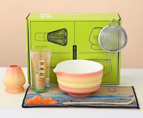 7 Piece Gradient Traditional Matcha Tea Set with Natural Bamboo Whisk, Ceramic Bowl, Scoop, Whisk Holder, Japanese Style