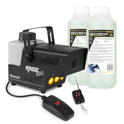 BeamZ Rage 600LED Pack Machine à Fumée 600 Watts avec 2L de Liquide, LEDs couleur ambre, Réservoir 500 mL, Design Unique, Télécommande et Filaire 3m, Etrier de Montage, Idéal pour une Soirée de 30 m²