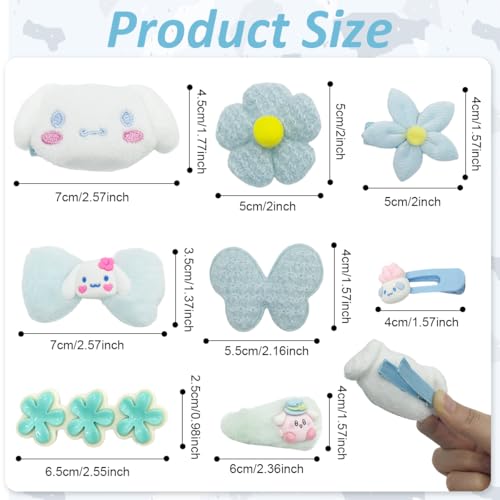 Image of PALAY 8Pcs Cute Cinnamoroll Hair Clips for Girls Kids, Kawaii Cartoon Tic Tac Barrettes, Plush Flower Baby Hair Accessory, Blue