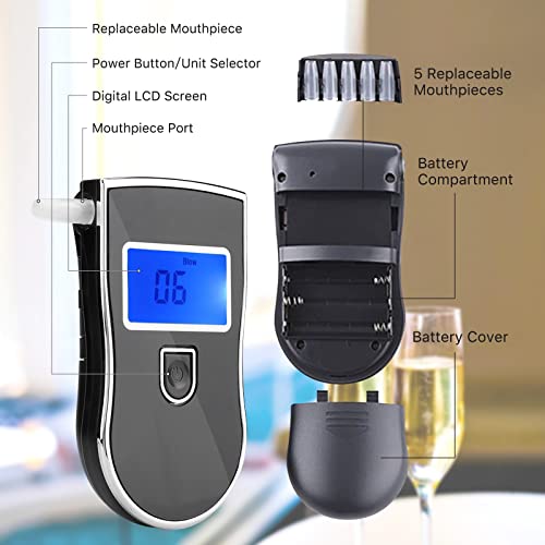 Alcohol Breathalyzer, Breath Alcohol Tester, Portable Breathalyzer, Personal Breathalyzer With 5 Mouthpieces & Digital Blue Lcd Display For Personal Home Use #TOP3