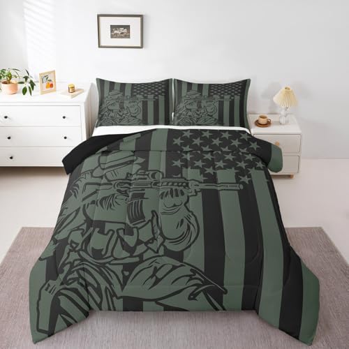 American Flag Bedding for Boys Teens Room, Army Green Soldier