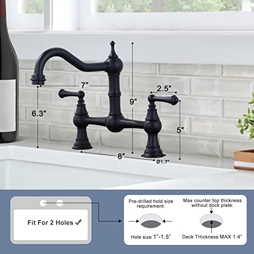 Wowow Black Bridge Kitchen Faucet 2 Hole Antique Brass Bridge Faucet 2 Handle 8 Inch Centerset Farmhouse Kitchen Sink Faucet 360° Swivel Vintage Tap #TOP4