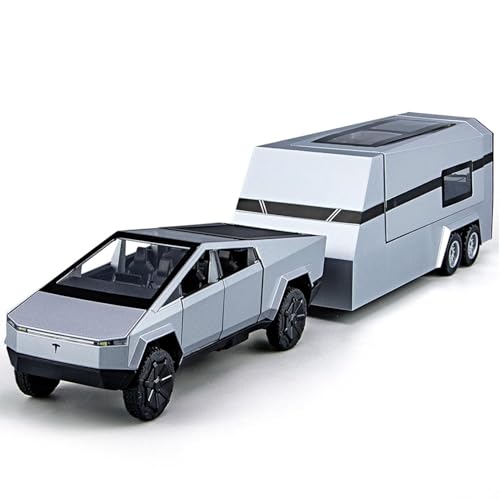 Image of 1:32 Scale Die-Cast CyberrTruck Pick-Up Trailer with 6 Openable Doors Pull Back Action,Lights & Music (Silver)