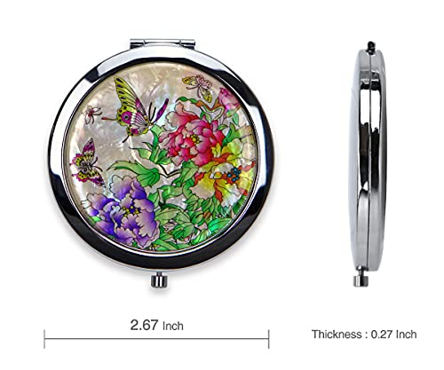 Compact Mirror–Mother Of Pearl Magnifying Mirror–One-Touch Travel Makeup Mirror–Elegant Handheld Mirror With Floral Design–Dual-Sided Portable Mirror–Traditional Korean Painting(Butterfly Treepeony) #TOP5