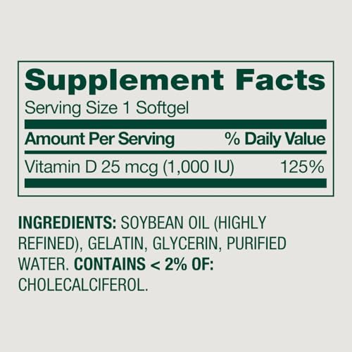 Spring Valley Vitamin D3 Supplement Softgels, 25 Mcg (1,000 IU), 450 Count - New Look !
