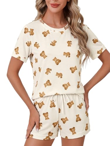 Image of LYANER Pajama Set for Women 2 Piece Lounge Set Striped Crew neck Short Sleeve Tops and Shorts Soft Sleepwear