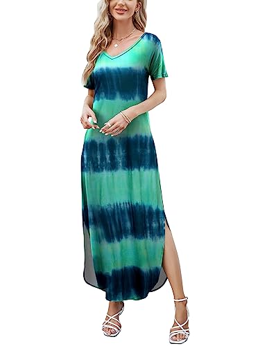 Huskary Women's Summer Maxi Dress Casual Loose Pockets Long Dress Short Sleeve Split -Tie Dye #TOP2