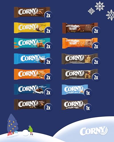 Corny Adventskalender 2025 | Weihnachtskalender mit 24 Müsliriegeln in verschiedenen Sorten | Bunte Snack Überraschung zum Advent | Süßes Geschenk für Weihnachten, Feiertage und Winterzeit