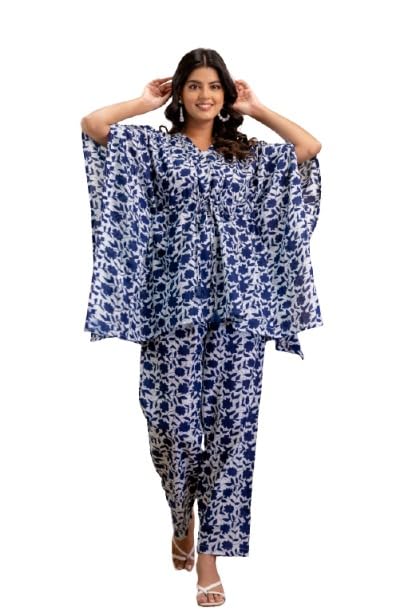 Printed Cotton Kaftan Loungewear Set, Floral Pattern, Casual Comfort Fit with Drawstring-image-1