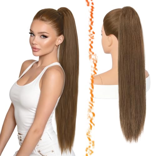 BARSDAR Long Straight Light Brown Drawstring Ponytail Hairpieces Synthetic