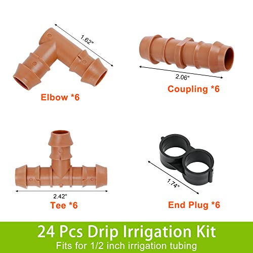 24 Pcs Drip Irrigation Kit, 1/2 Inch Drip Irrigation Tubing Fittings Parts, Irrigation Hose Barbed Connectors, Including 6 Tees 6 Elbows 6 Couplings 6 End Plugs #TOP1