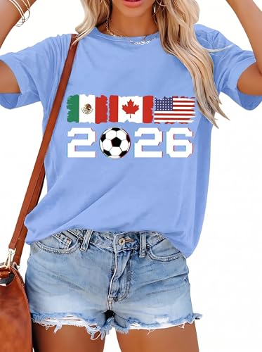 Soccer Cup 2026 Shirt for Women USA World Soccer Graphic T-Shirt Game Day Short Sleeve Tee Tops Light Blue