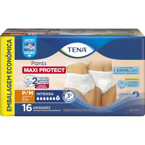 Embalagem do produto Tena Pants Dermacare tamanho P/M com 16 unidades de roupa íntima descartável para incontinência urinária intensa