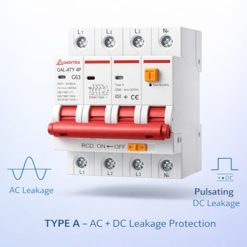 Image of RCBO 4 Pole TYPE A 63A 30mA | 3 Phase + Neutral Residual Current Circuit Breaker with Overload & Short Circuit Protection | AC + DC Leakage | DIN Rail Mount (3 PHASE 63AMPS)