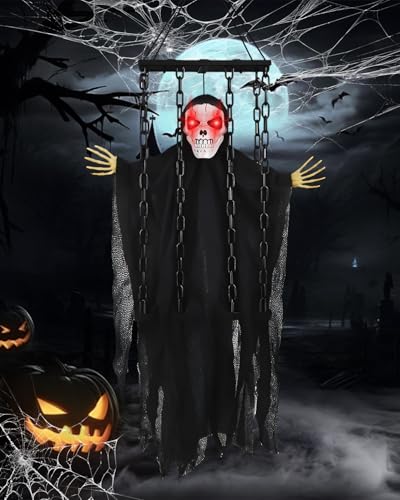 Screaming Animated Hanging Halloween Decorations Motion & Touch Activated Screaming Skeleton Decor with Glowing Red Eyes Shaking Head & Bone-Chilling Sounds for Scary Halloween Garden Decorations