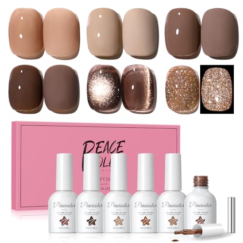 PEACECOLOR 6PCS UV Nagellack Set Braun Cat Eye Gel Nail Polish Jelly Gel Nagellack Glitzer Manicure DIY zu Hause 10ML