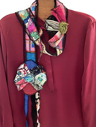 Women’s Handmade Oblong Scarf made from Tulle and Recycled Assorted Colorful Fabrics with Flower Accent4