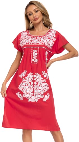 Image of YZXDORWJ Women Mexican Embroidered Long Dress Ruffle Collar Maxi Boho Floral Summer Short Sleeve