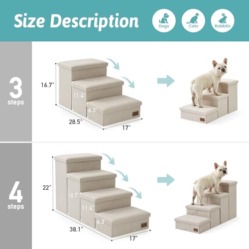 Image of COZY KISS Dog Stairs with Storage, 3-Step Wider Sturdy Dog Steps for Small /Medium /Large Dogs and Older Cats, Folding Doggie Ramp for Bed /Couch Hold Up to 180 lbs (16.7 inch H, Beige)