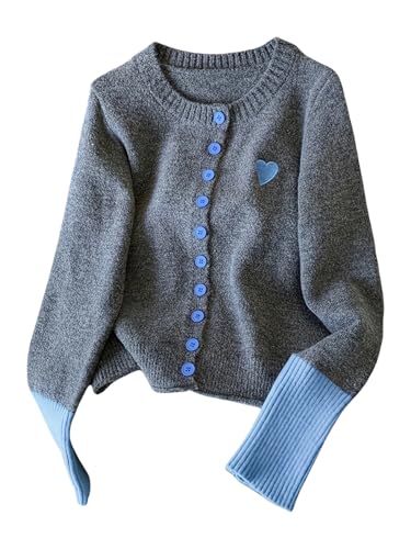 MakeMeChic Women's Fall Cute Button Cardigans Heart Embroidery Crew Neck Long Sleeve Knit Sweater Grey Medium
