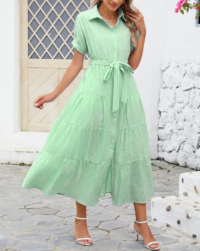 Image of Ladyful Women Striped Shirt Maxi Dress Short Sleeve Tie Waist Long Dress
