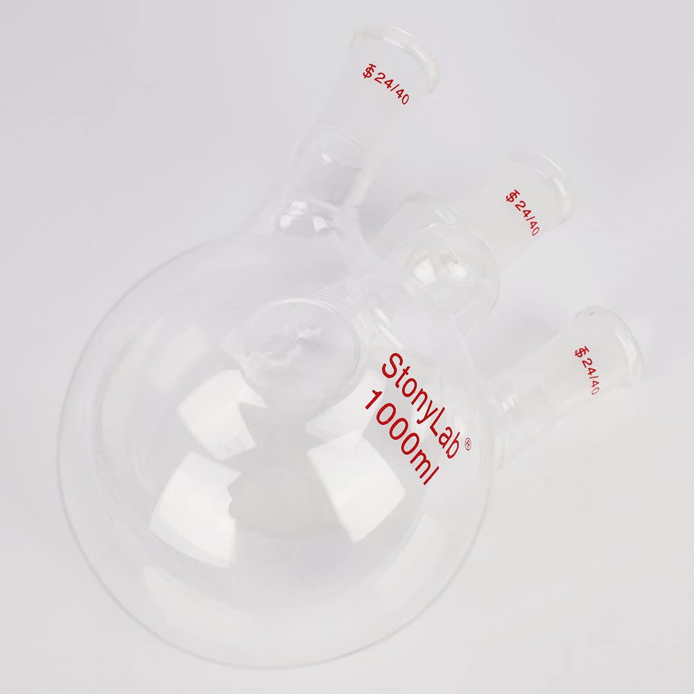 stonylab Matraz de Fondo Redondo RBF de 4 Cuello, Pared Pesada 4 Cuello Matraz de Lab Vidrio Borosilicato Matraz de Ebullición de Fondo Redondo con 24/40 Articulación Externa Cónica Estándar, 1000 ml