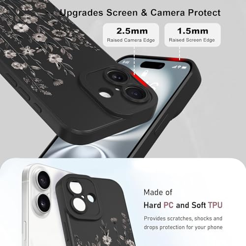 Image of Designed for iPhone 16 Case Flower for Women Girls, Black | Cute Floral Pattern Liquid Silicone Phone Case [Full Camera Protection] Slim Soft TPU Protective Cover
