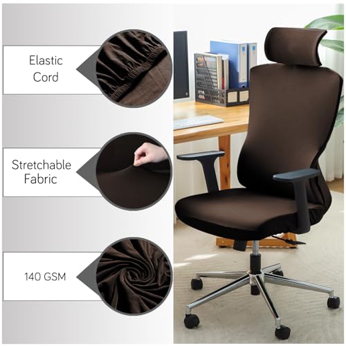 Image of HOKIPO 140 GSM Office Chair Cover with Headrest (High-Back) - 140 GSM Stretch Fabric - Washable, Anti-Slip Fit for Ergonomic Mesh Office Chairs, Chocolate Brown (AR-6704-BRN)