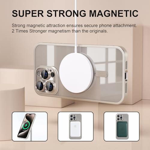 Image of Misea Magnetic for iPhone 15 Pro Max Case Compatible with MagSafe | Never Yellowing, Military Drop Protection, Full Camera Lens Protector Plating Soft Clear Phone Case Women, Titanium Natural