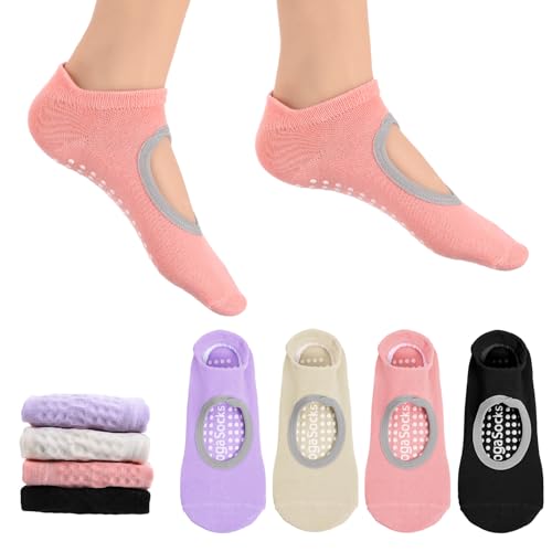 4 Pairs Grip Pilates Socks Ankle Grippy Socks Open Top Non-Slip Yoga Sock for Women Barre Hospital Workout Barefoot