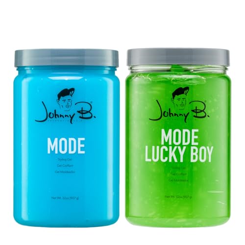 JOHNNY B. Barber Styling Gel Duo – Mode Professional Hair Styling Gel 32 oz & Lucky Boy Hair Styling Gel 32 oz – Strong Hold, High Shine Men’s Hair Gel Set for Barbers & Professional Styling