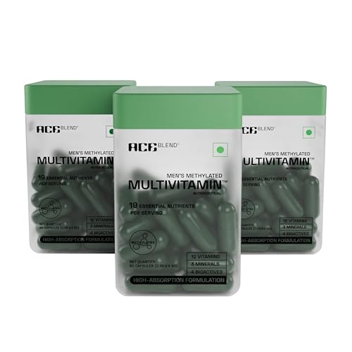 Image of Ace Blend Multivitamin Capsules for Men | Pack of 180 | Methylated Multivitamin with 19 Essential Nutrients | Quatrefolic, MenaQ7 & Vitashine D3 | Supports Energy, Immunity, Focus & Heart Health
