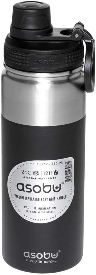 Asobu BPA Free Alpine 18 OZ Flask Water Bottle Made of Stainless Steel with Easy Grip Handle and Easy Access Spout Stays Hot/Cold for 12/24 (Black)