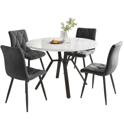 KOMHTOM Ensemble Table et 4 Chaises Salle à Manger - Table Ronde avec Plateau en MDF Structuré Marbre et Pieds Métal, Chaises en Velours pour Salon, Dîner...