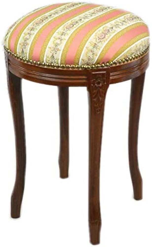 イタリア製 丸スツール ピンク ストライプ 木製 花柄 (イス 椅子 チェア チェアー 足置き 猫