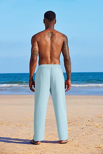 Coofandy Men's Cotton Linen Baggy Pants Relaxed Fit Vacation Beach Trousers Light Blue #TOP3