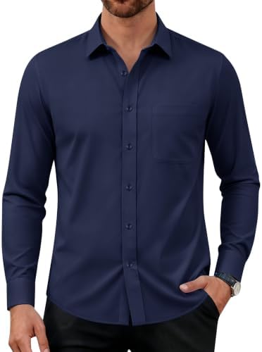 Hemd Herren Stretch Langarm Businesshemd Bügelfrei Freizeithemd mit Tasche | Anzug, Regular Fit, Business, Freizeit, Hemden, Hochzeit, Baumwolle, Oberhemd, Atmungsaktiv, Einfarbig,