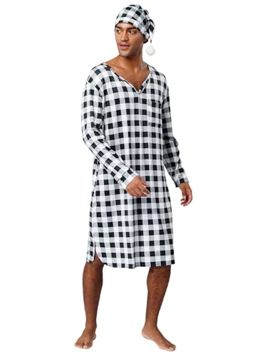 ACSUSS Men Nightgown Plaid Printed Nightshirt with Sleeping Cap Mid-length V-neck Nightdress Black Medium3