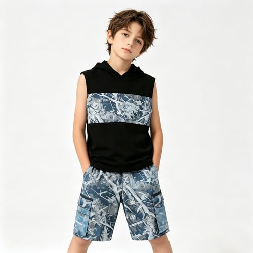 Image of Size 6-12 Years Boys Summer Clothes Hooded Sleeveless Tank Tops Workout Shorts 2 Piece Set Fashion Outfits