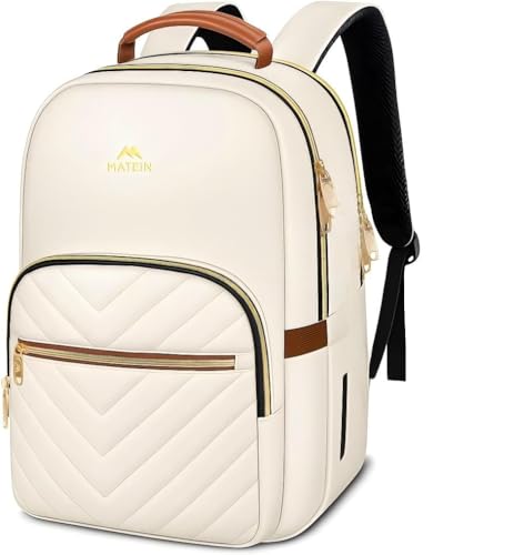Image of MATEIN Lightweight School Backpack for Women, 15.6 Inch Laptop Backpack | Slim Design, Fashion Teacher Nurse Bag, with Leather Handles, Casual Daypack Perfect, for Work and Commute, Beige