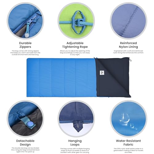 Image of HACER Dual Couple Sleeping Bag for Adults | -15C to +6C Winter Double Sleeping Bags | 4 in 1 Rectangular Soft Nylon Lining 2 Person Camping Bed for Trekking & Hiking (Blue, Upto 6ft, 1.8kg)