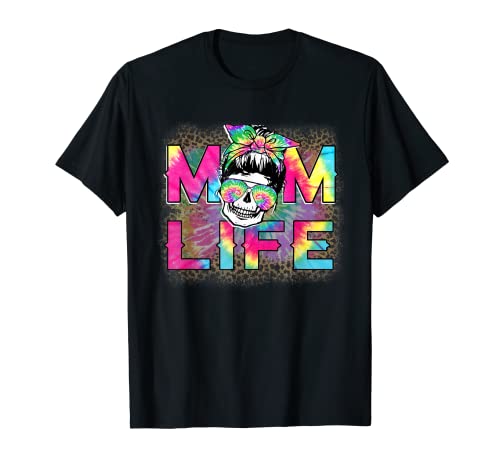 Mom Life Skull Messy Bun Leopard Tie Dye Bandana Festa della mamma Maglietta