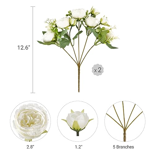 Mkono Peonies Artificial Flowers, Small Silk Flowers for Home Decor Indoor Fake Bouquet Faux Floral Arrangements Dining Table Centerpieces for Kitchen Party Decor White