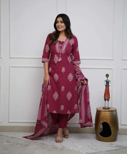 Image of DR DIGITAL Women's Cotton Printed Straight Kurti with pant and Dupatta Set